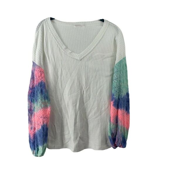 White V-Neck Tie Dye Lantern Sleeve Knit Top Small - Picture 1 of 5